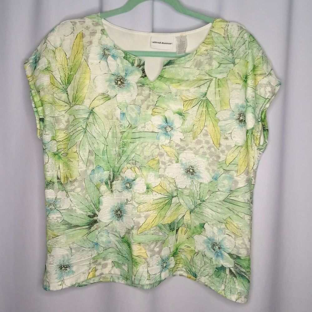 Alfred Dunner Floral Blouse Short Cap Slv Lined Overszd Stretch Top Womens Large